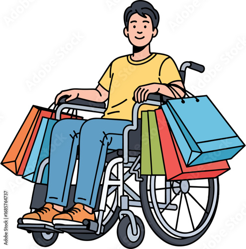 Vector of person in wheelchair holding shopping bags
