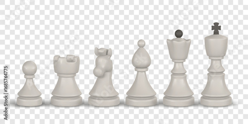 Chess Game Pieces Set in Realistic 3D Style with Transparent Background, Includes King, Queen, Bishop, Knight, Rook, and Pawn. Vector Illustration