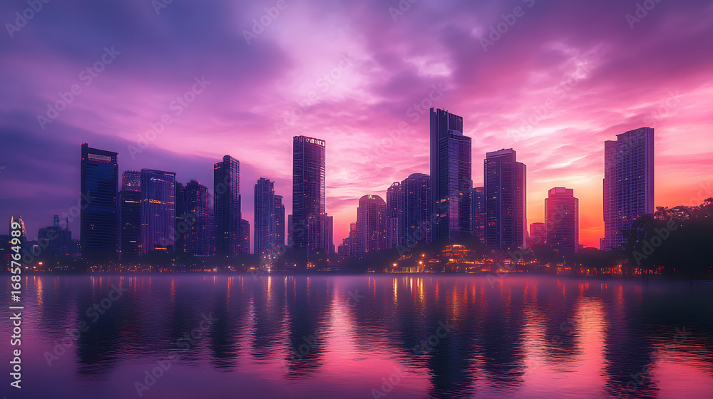 Fototapeta premium City Skyline Sunset Reflections: Tranquil Urban Landscape with Illuminated Architecture and Vibrant Skies