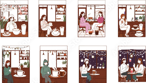 Cozy cafe moments with women, coffee drinks, seasonal vibes, lifestyle illustration for autumn, winter, social scenes, and warm design projects