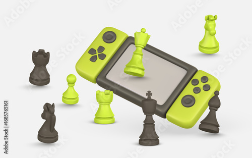 Chess Game On Portable Console With Green And Black Pieces, Fun 3D Design Concept Mixing Classic Strategy And Modern Gaming. Vector Illustration