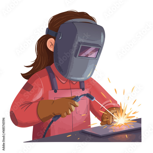 Female welder working with welding torch in protective gear and gloves vector illustration 