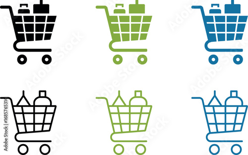 Variety of colorful shopping carts filled with groceries, icons for online shopping and retail.