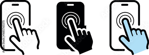 Hand touching smartphone screen, digital interaction icons
