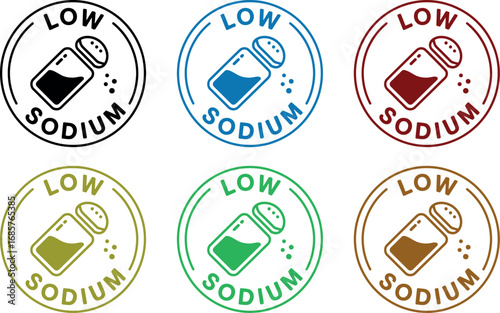 Set of colorful "Low Sodium" food labels featuring a salt shaker icon