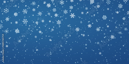 Snowflake Background With Falling White Ice Crystals On Blue Winter Sky, Festive Seasonal Design For Holiday And Christmas Decoration, Vector Illustration