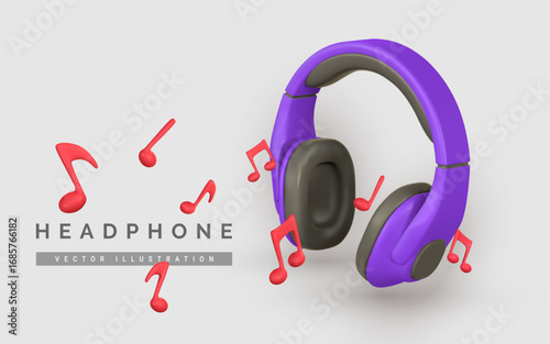 Headphone with Colorful Music Notes in 3D Style on Light Background, Perfect for Audio, Music, or Entertainment Design Projects. Vector Illustration