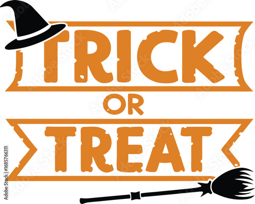Vector art of trick or treat text with witch hat and broom