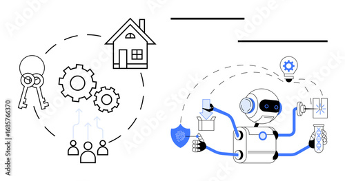 Robot managing smart home tasks and security. Includes keys, gears, house, people, technology icons. Ideal for home automation, IoT AI collaboration robotics innovation security. Modern flat