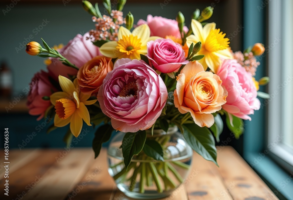 Fototapeta premium vibrant colorful bouquet arrangement soft light blooming floral delight aesthetic home decor, petal, vase, botanical, seasonal, bright, spring, sunny, pastel