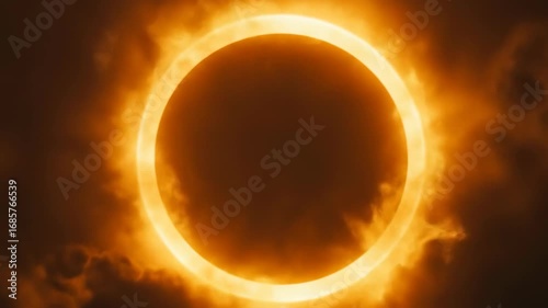 Dramatic solar eclipse with glowing corona and dark stormy clouds