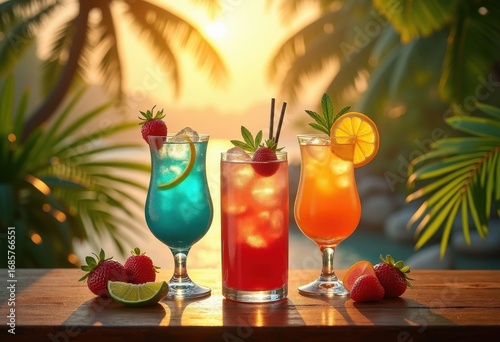 vibrant colorful cocktails beside serene palm trees creating tropical paradise beautifully crafted drink exotic setting, bar, refreshing, beverage, sunset