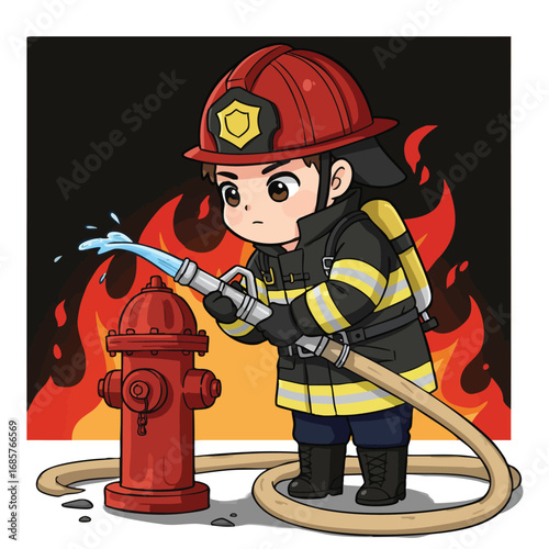 Firefighter in protective gear using hose connected to red fire hydrant with flames background vector illustration 