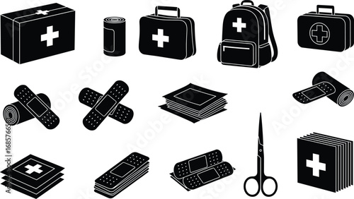 Black and white first aid kit icons including bandages, scissors, medical bags, rolls of gauze, adhesive plasters, and emergency medical supplies.