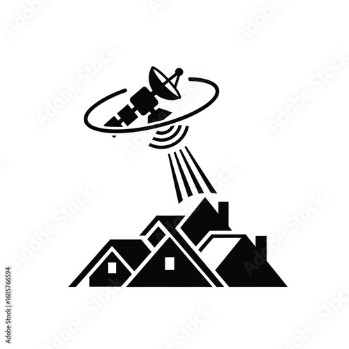 Satellite dish beaming signal down onto rooftops of houses