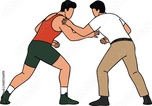 Wrestlers competing in wrestling match with athletic stance and physical engagement 