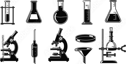 Black and white vector icons of laboratory glassware, microscopes, petri dishes, funnels, and distillation apparatus for scientific research and experiments.