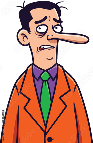Cartoon man with exaggerated long nose wearing orange jacket green tie humorous vector illustration 