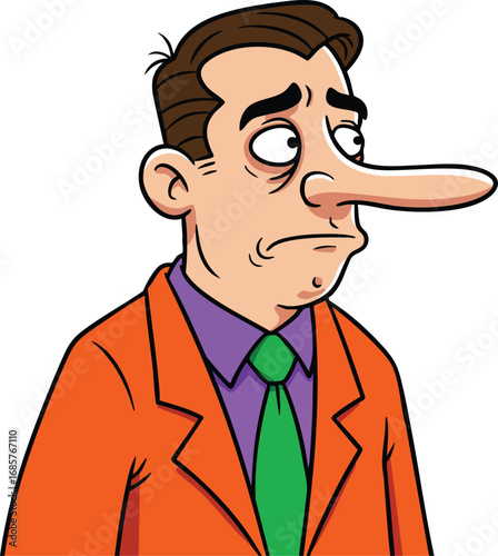 Cartoon man with long nose wearing orange jacket and green tie expressing worry and doubt vector illustration 
