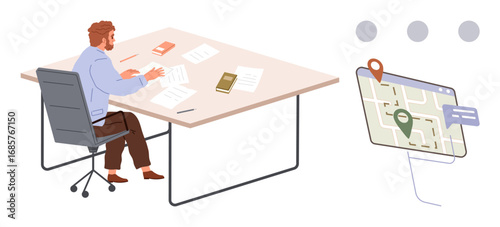 Man seated at a desk reviewing papers, books, and files, alongside a smartphone showing a map. Ideal for planning, strategy, navigation, multitasking, workspace organization productivity