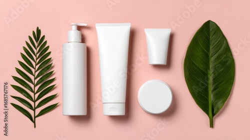 Wallpaper Mural Arrangement of skincare products and green leaves on a pastel pink background, ideal for beauty marketing Torontodigital.ca