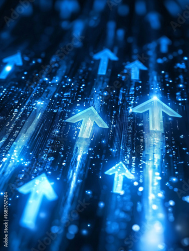 Digital arrows moving upward, representing growth and progress technology and finance, illuminated blue tones, creating dynamic visual effect