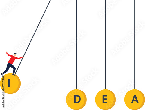 Leadership in creating brilliant ideas to grow business or overcome challenges, intelligence or creativity to achieve goals, mentoring for innovation, leader launches balls with idea.

