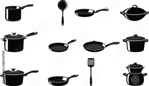 Black kitchen cookware and utensils vector set including saucepans, frying pans, grill pans, spatula, and cooking pot with lids isolated icons.