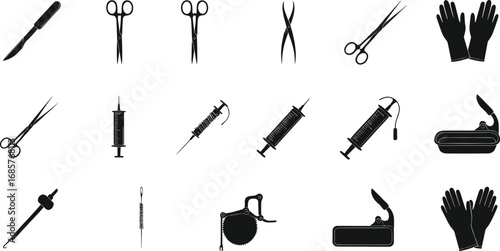 Black medical instrument icons set including syringes, surgical scissors, scalpel, gloves, hooks, thread needles, trays, and circular bone saw tools in silhouette.