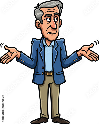 Confused older man shrugging shoulders in blue jacket and brown pants vector illustration expressing uncertainty and doubt 