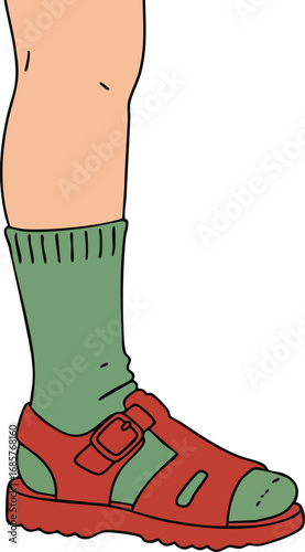 Leg wearing green sock and red sandal footwear fashion illustration vector image 