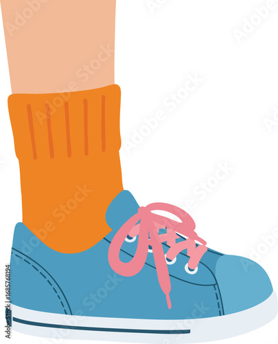 Blue sneakers with pink laces and orange sock footwear vector illustration for casual style and comfort 