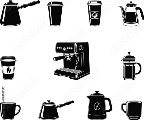 Black vector coffee icons set featuring mugs, coffee cups, espresso machine, kettles, French press, takeaway cups, and brewing tools for café designs.
