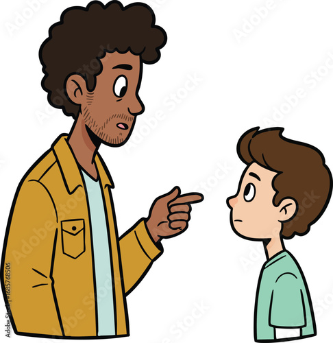 Father pointing finger at son in casual clothing vector illustration of family interaction and discipline 
