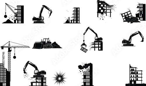 Demolition and Destruction Equipment Silhouettes with Cranes, Excavators, and Collapsing Buildings – Construction Site Disaster Vector Set for Engineering Projects