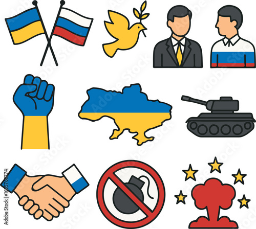 Ukraine and Russia Conflict Icon Set – Vector Symbols of Democracy, Peace, Diplomacy, War, and Political Tension in Eastern Europe