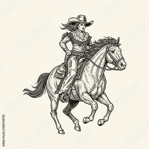 Vintage cowgirl riding horse engraving vector illustration