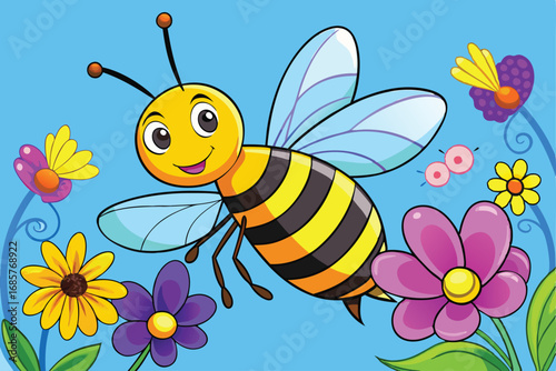 Colorful Cartoon Bee Flying Among Flowers