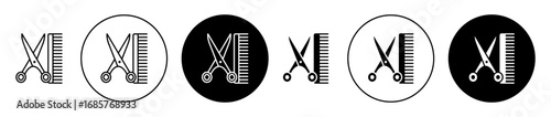 Comb and scissors icon set. Comb and scissors vector symbol in black filled and outlined style.