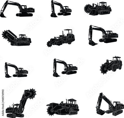 Excavator and Trencher Machine Silhouettes Vector Set – Heavy Construction Equipment for Digging, Trenching, Earthmoving, and Industrial Earthwork