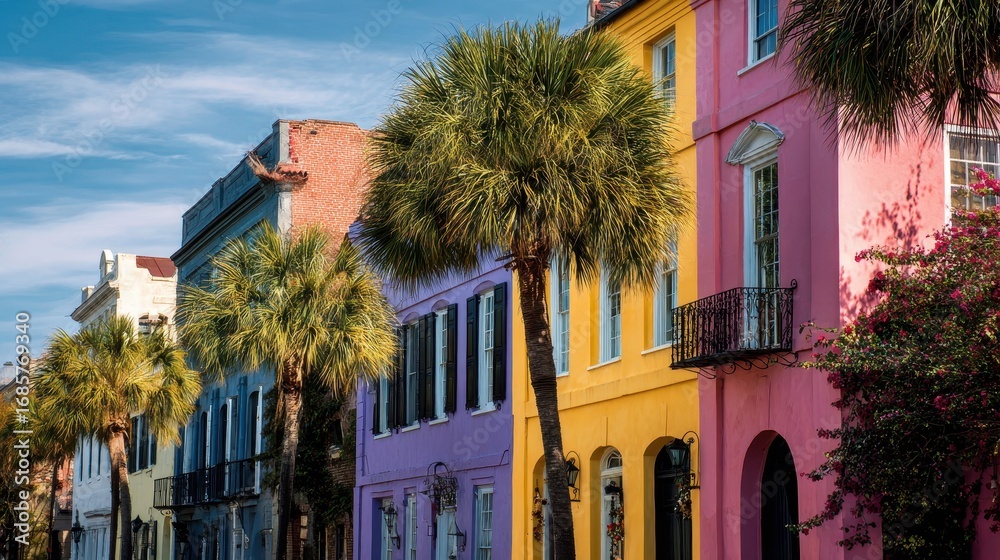 Naklejka premium Colorful historic buildings along a sunny street lined with palm trees in Charleston, South Carolina during the afternoon