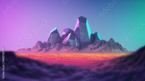 Fototapeta Naklejka Na Ścianę i Meble -  Purple crystal mountain landscape background wallpaper desktop hd neon synthwave art