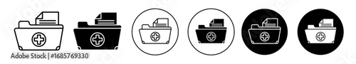 Medical history folder icon set. Medical history folder vector symbol in black filled and outlined style.