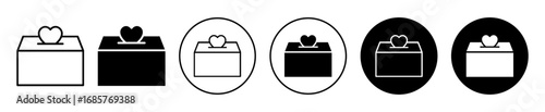 Hearts with donate box icon set. Hearts with donate box vector symbol in black filled and outlined style.