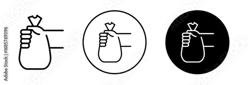Hand with trash bag icon set. Hand with trash bag vector symbol in black filled and outlined style.