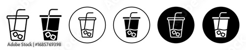 Iced coffee with ice cubes icon set. Iced coffee with ice cubes vector symbol in black filled and outlined style.
