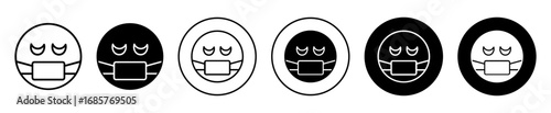 Emoticon with medical mask icon set. Emoticon with medical mask vector symbol in black filled and outlined style.