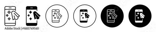 Cleaning mobile phone icon set with smartphone hygiene symbol in outline and filled styles.