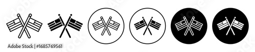 Crossed American flags icon set. Crossed American flags vector symbol in black filled and outlined style.