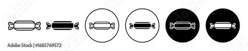 Chocolate candy in wrap icon set with sweet confectionery symbol in outline and filled styles.